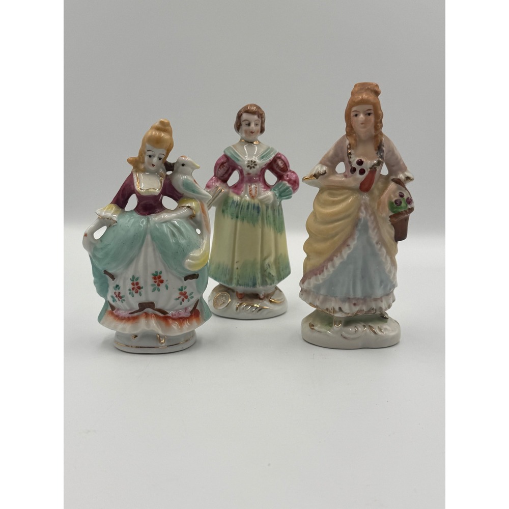 Vintage Occupied Japan Porcelain Colonial Lady Figurines Set of 3 Hand Painted